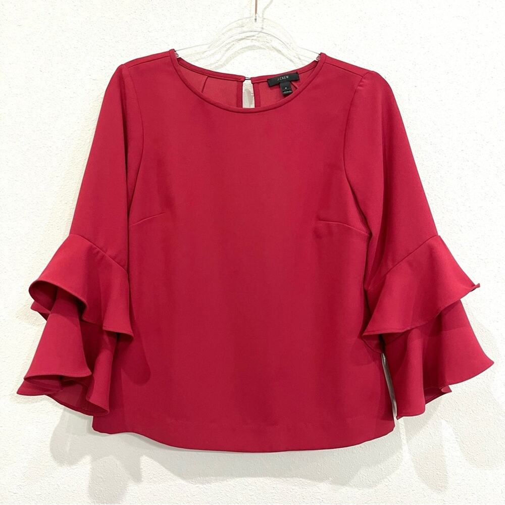 J. Crew Crimson Red Lana Tiered Ruffle 3/4 Sleeve Crew Neck Blouse - Size 4